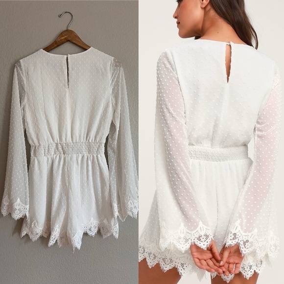 White Swiss Dot Lace Bell Sleeve Romper NWOT Small - Picture 3 of 4